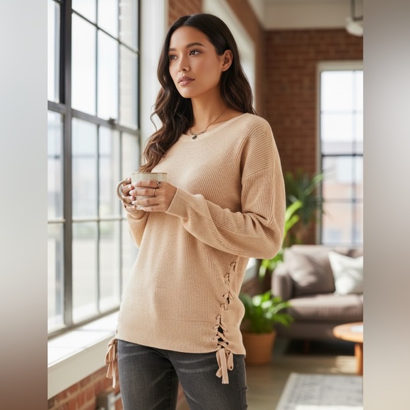 NEW•1X/2X•OLIVIA LACE UP HEMLINE OATMEAL SWEATER•NWT - Picture 1 of 6